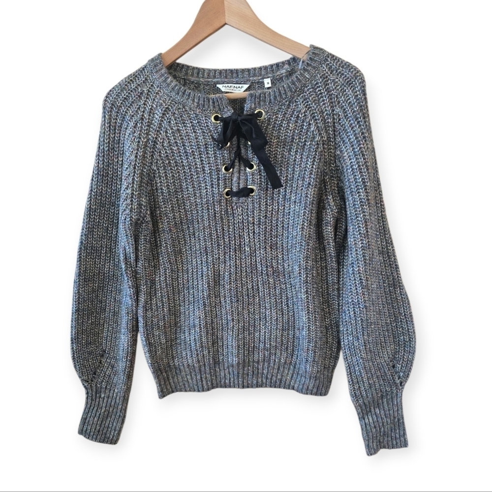 Naf Naf Knit Sweater Women Size M Pullover Long Sleeve Cozy Gray Black Tie Fron